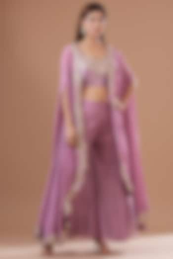 Lilac Organza Embroidered Cape Set by KAIA