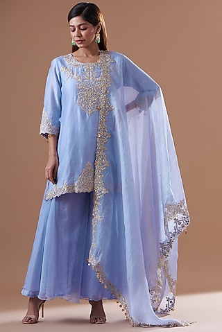 Digital Blue Chanderi Sharara Set by KAIA