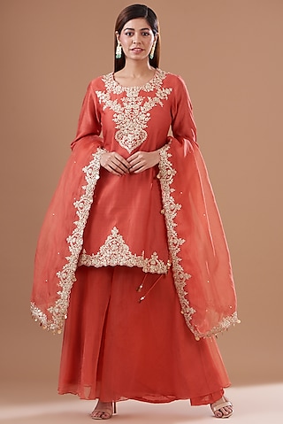 Rust Orange Chanderi Sharara Set by KAIA