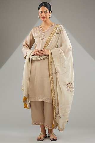 Light Gold Satin Silk Floral Embroidered Kurta Set by KAIA