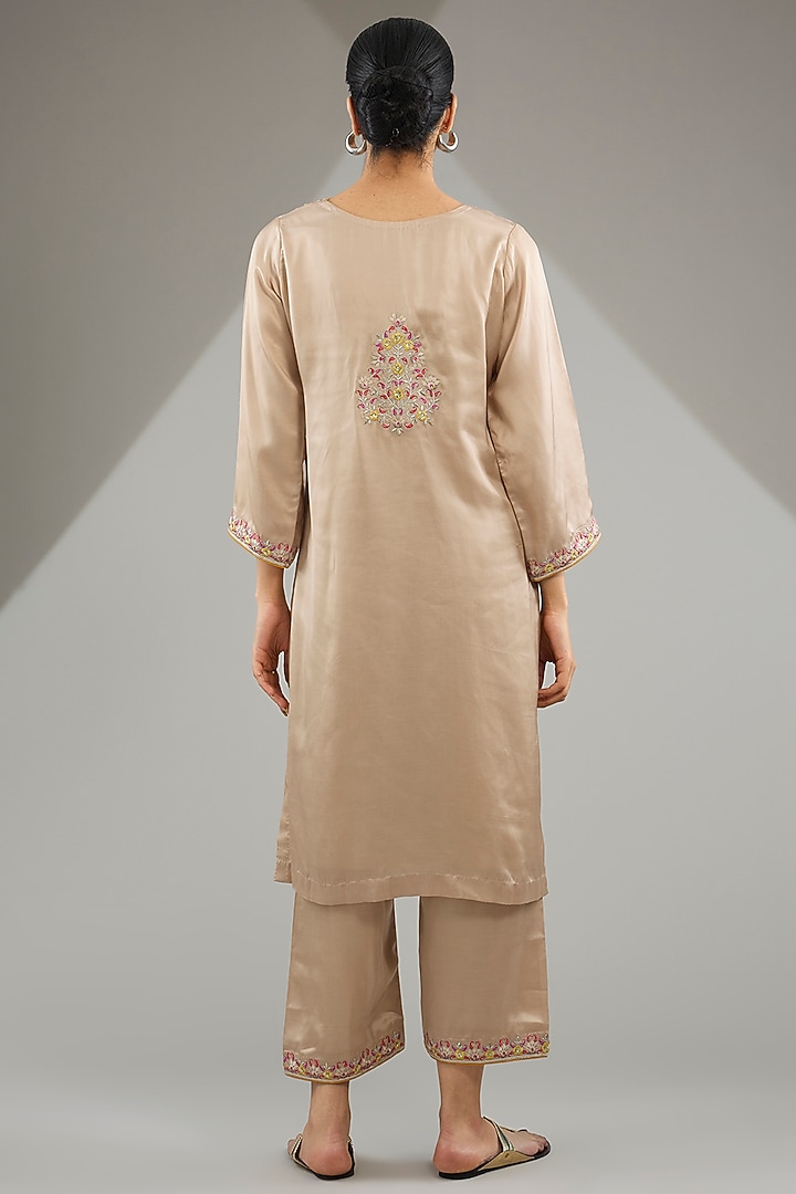 Light Gold Satin Silk Floral Embroidered Kurta Set by KAIA at Pernia's Pop Up Shop