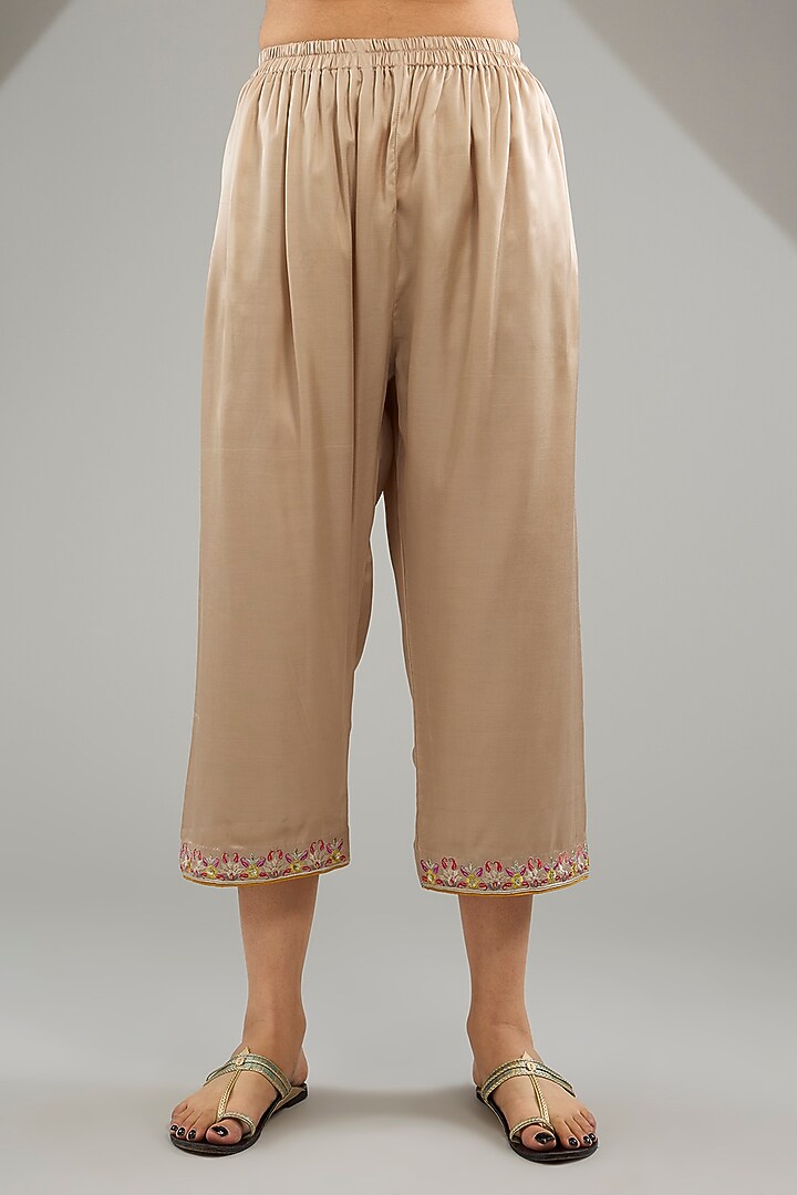 Light Gold Satin Silk Floral Embroidered Kurta Set by KAIA at Pernia's Pop Up Shop