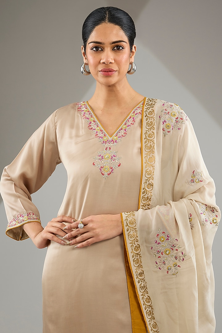 Light Gold Satin Silk Floral Embroidered Kurta Set by KAIA at Pernia's Pop Up Shop