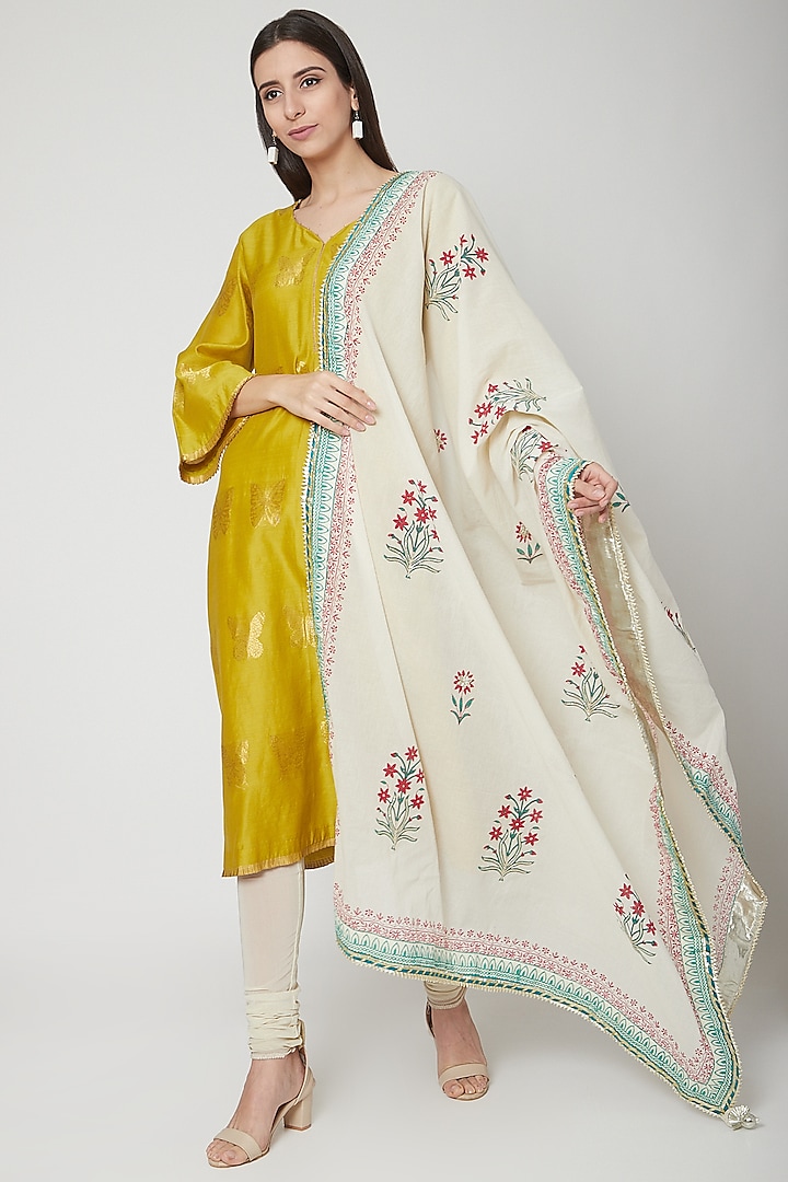Off White Floral Printed Dupatta by KAIA