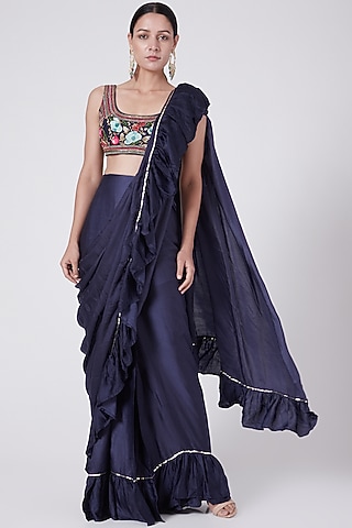 Indigo Blue Embellished Ruffled Saree Set by KAIA