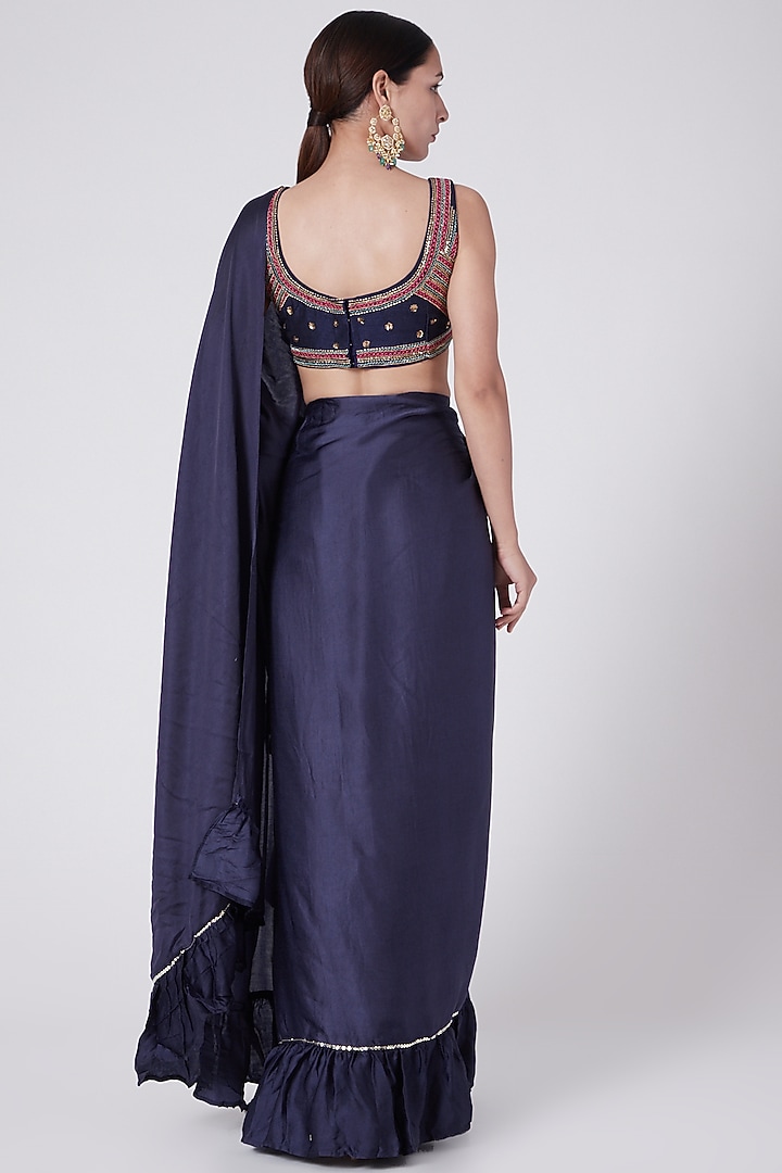 Indigo Blue Embellished Ruffled Wedding Saree Set by KAIA at Pernia's Pop Up Shop