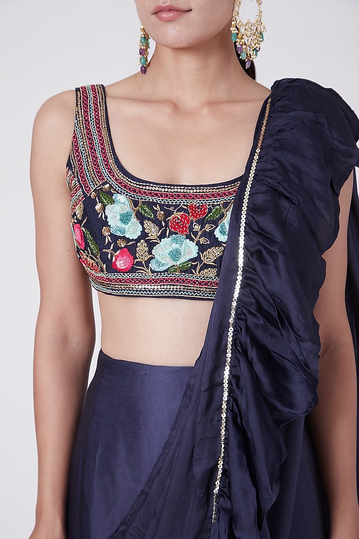 Indigo Blue Embellished Ruffled Wedding Saree Set by KAIA at Pernia's Pop Up Shop