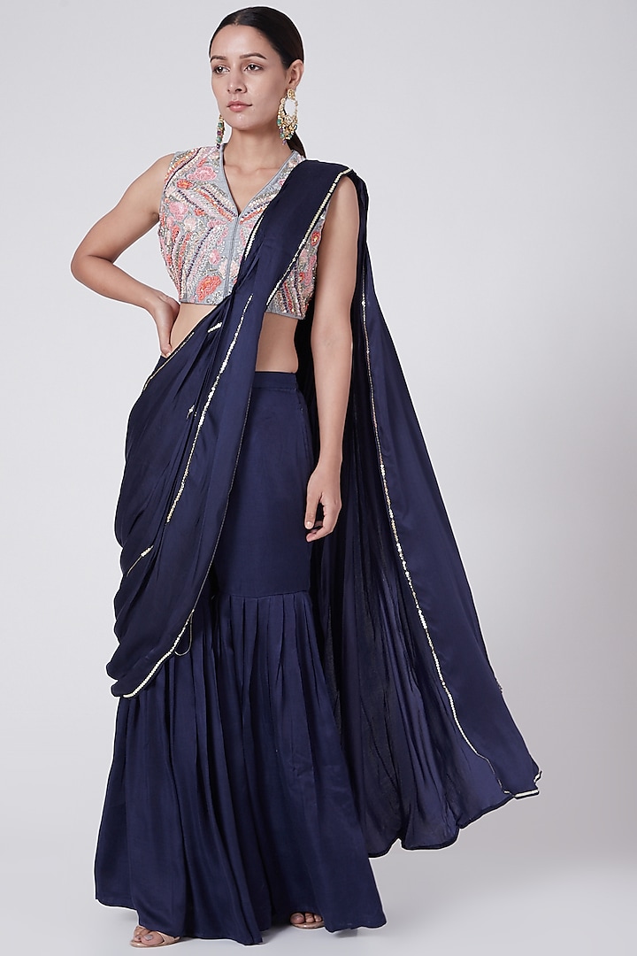 Blue Silk & Satin Pleated Gharara Set by KAIA