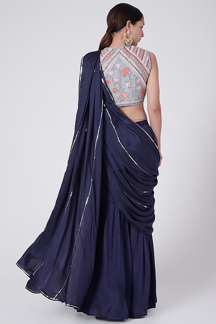 Blue Silk & Satin Pleated Gharara Set by KAIA at Pernia's Pop Up Shop