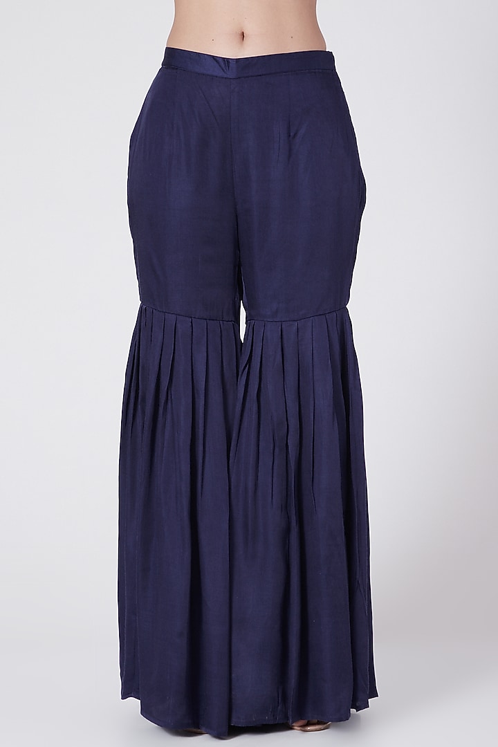 Blue Silk & Satin Pleated Gharara Set by KAIA at Pernia's Pop Up Shop