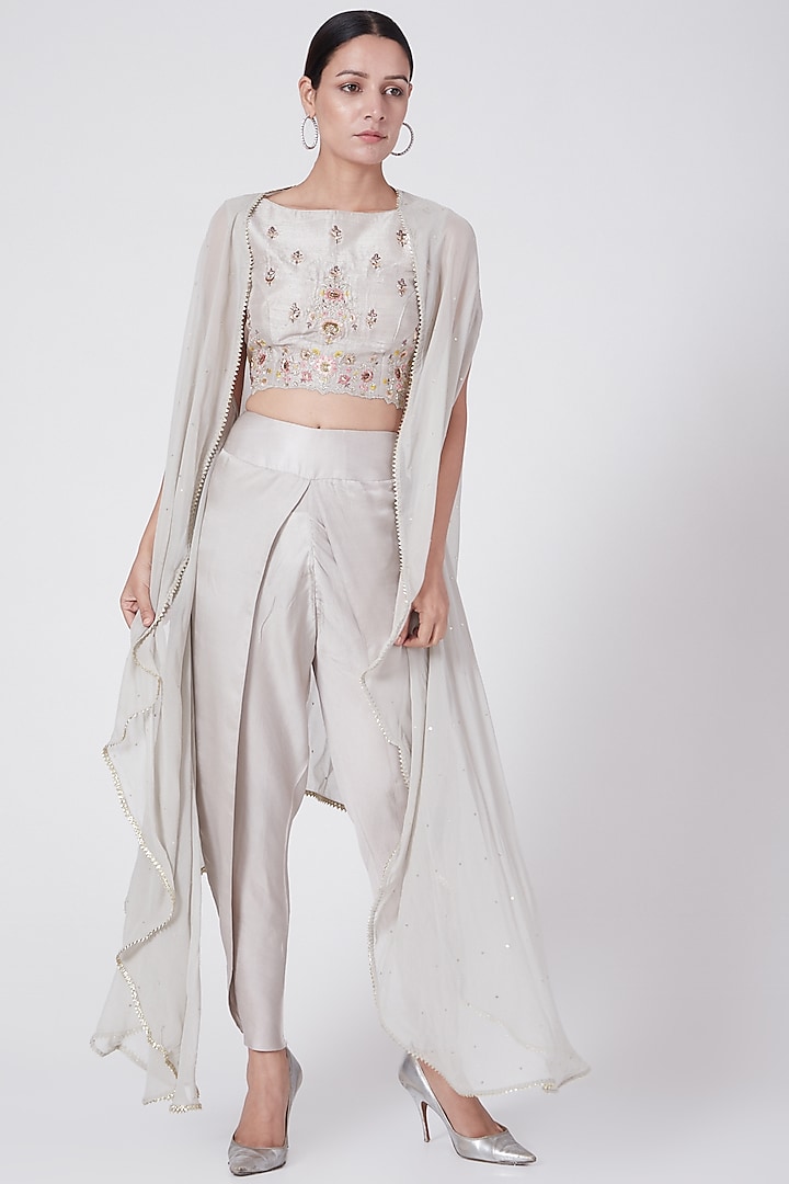Grey Embroidered Dhoti Pants Set With Cape by KAIA