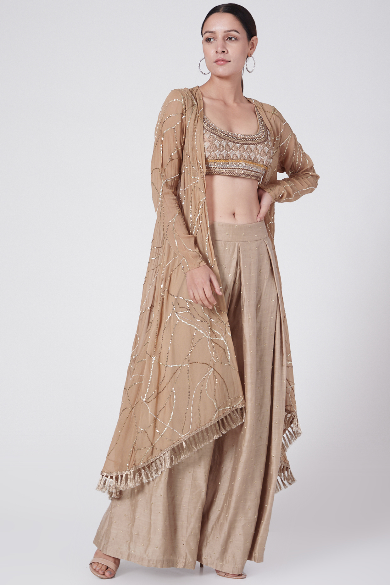 Tea Brown Embellished Palazzo Pant Set by KAIA