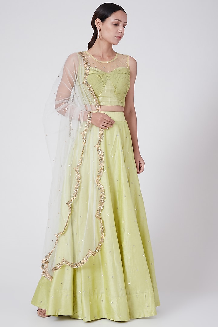 Olive Green Embroidered & Pleated Wedding Lehenga Set by KAIA at Pernia's Pop Up Shop