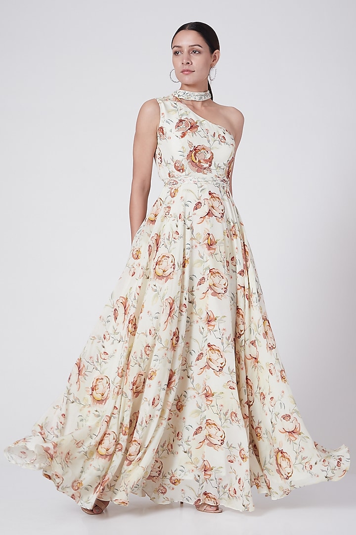 Off White Embroidered Maxi Dress With Belt by KAIA