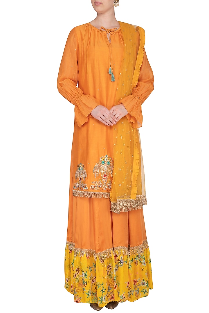 Rust Orange Embroidered & Printed Wedding Sharara Set by KAIA at Pernia's Pop Up Shop