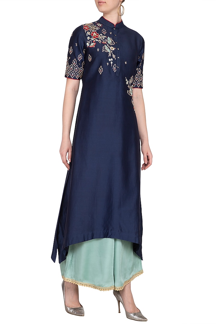 Royal Blue Embroidered Kurta With Aqua Blue Palazzo pants by KAIA at Pernia's Pop Up Shop