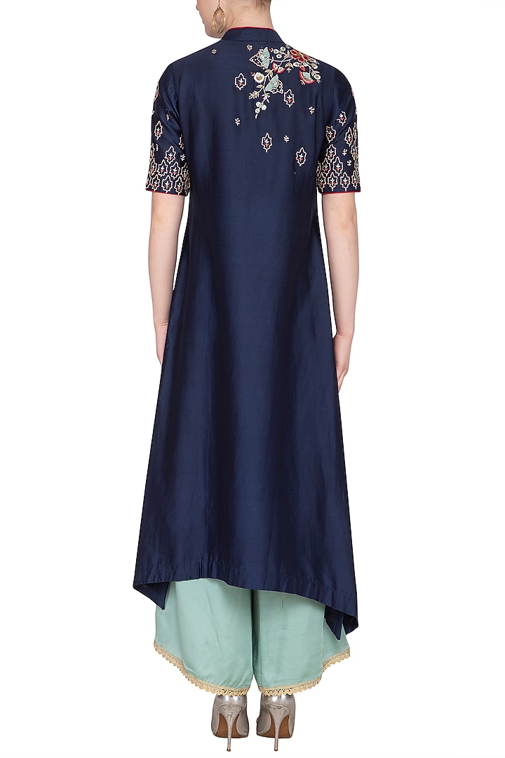 Royal Blue Embroidered Kurta With Aqua Blue Palazzo pants by KAIA at Pernia's Pop Up Shop