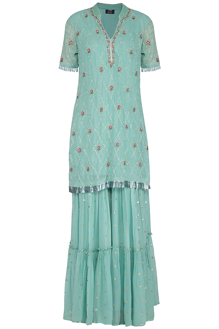 Turquoise Embroidered Sharara Set by KAIA