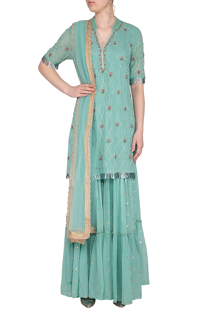 Turquoise Embroidered Wedding Sharara Set by KAIA at Pernia's Pop Up Shop