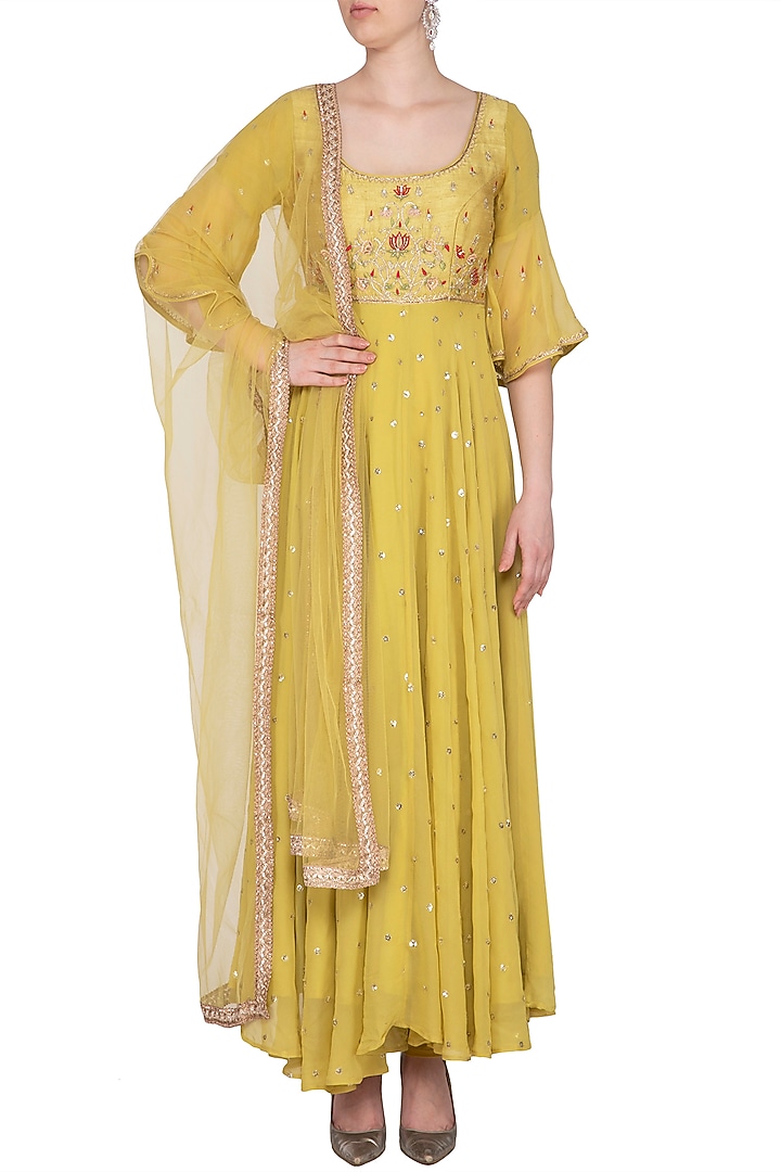 Lime Yellow Embroidered Party Wear Anarkali Set by KAIA at Pernia's Pop Up Shop