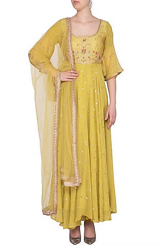Lime Yellow Embroidered Anarkali Set by KAIA