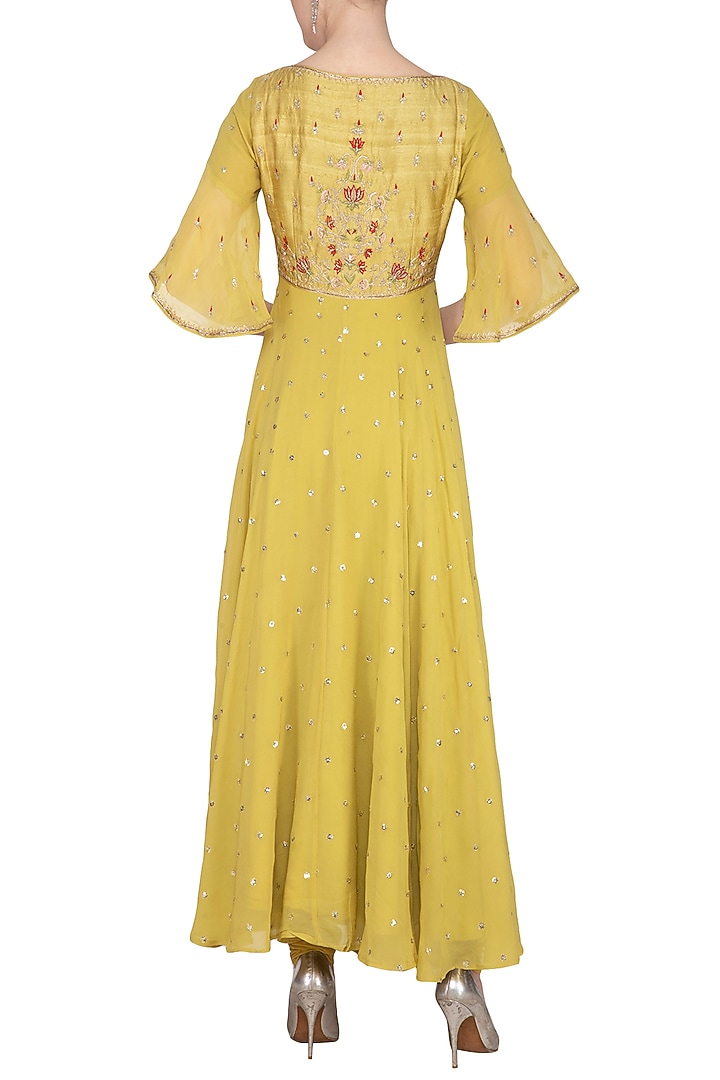 Lime Yellow Embroidered Party Wear Anarkali Set by KAIA at Pernia's Pop Up Shop