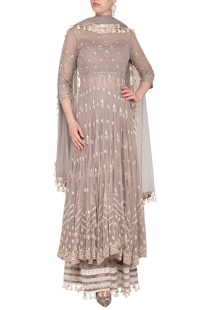 Dusky Lavender Embroidered Wedding Anarkali Sharara Set by KAIA at Pernia's Pop Up Shop