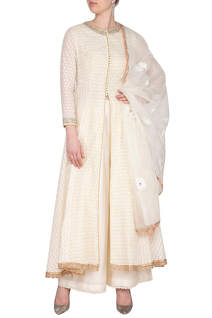 Off White Embroidered Party Wear Anarkali Set by KAIA at Pernia's Pop Up Shop