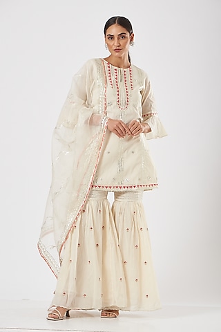 Off-White Cotton Gathered Gharara Set by KAIA