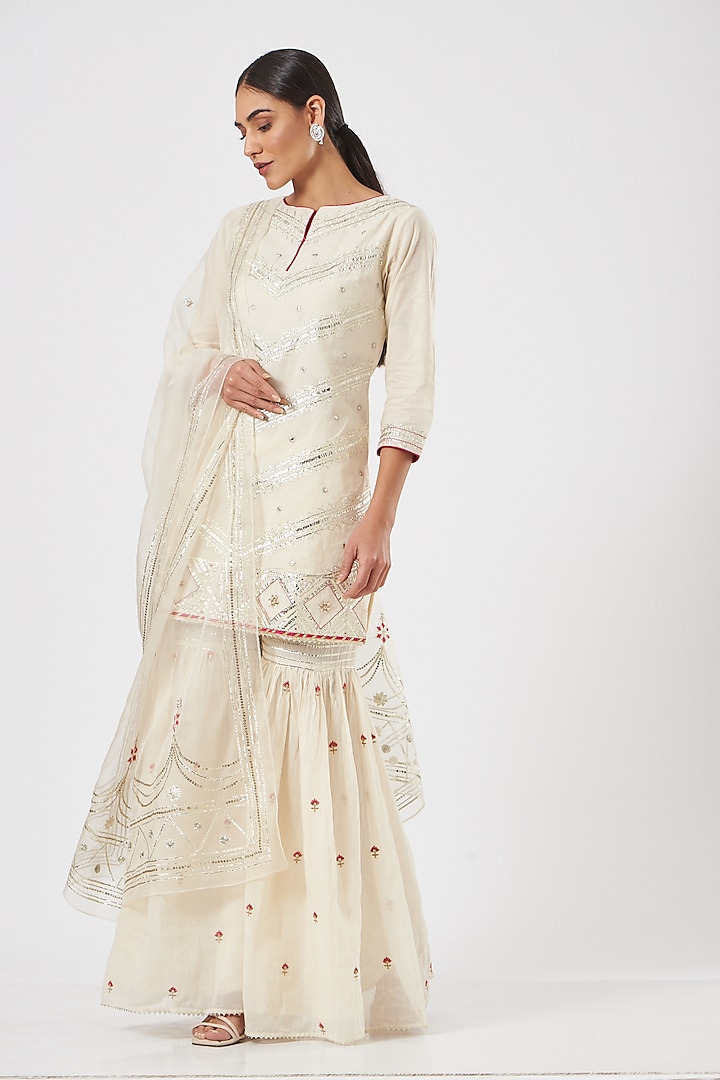 Off-White Cotton Embroidered Gharara Set by KAIA