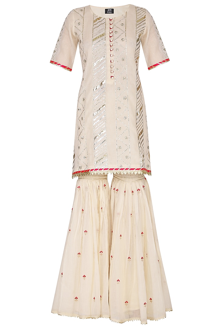 Off White Embroidered Printed Gharara Set by KAIA