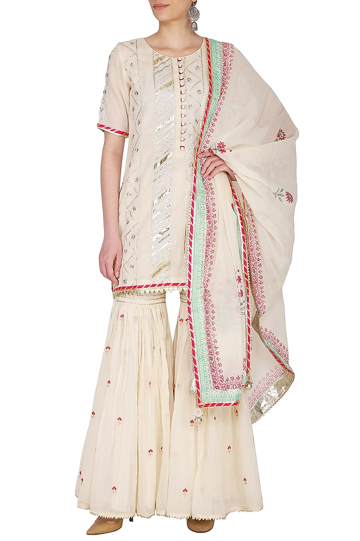 Off White Embroidered Printed Gharara Set by KAIA at Pernia's Pop Up Shop