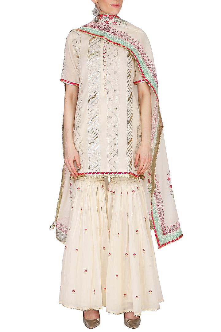 Off White Embroidered Printed Gharara Set by KAIA at Pernia's Pop Up Shop
