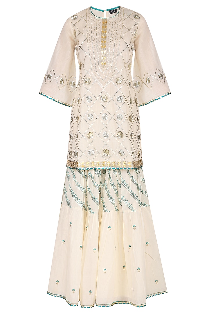 Off White Embroidered & Printed Gharara Set by KAIA