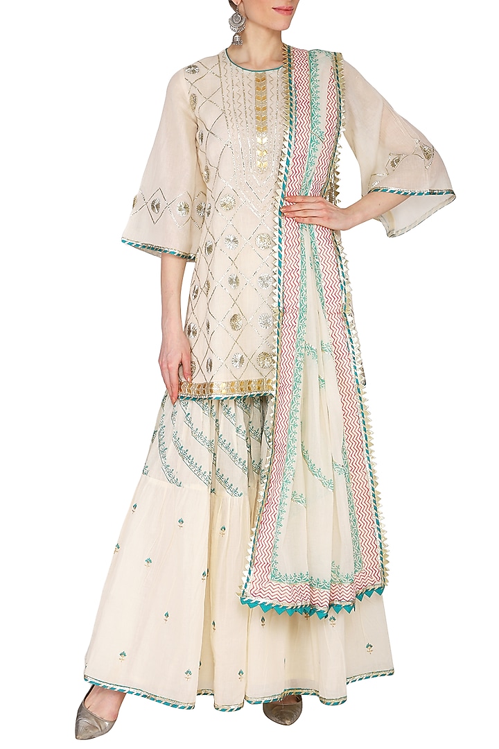 Off White Embroidered & Printed Gharara Set by KAIA at Pernia's Pop Up Shop