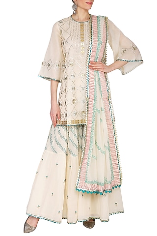 Off White Embroidered & Printed Gharara Set by KAIA