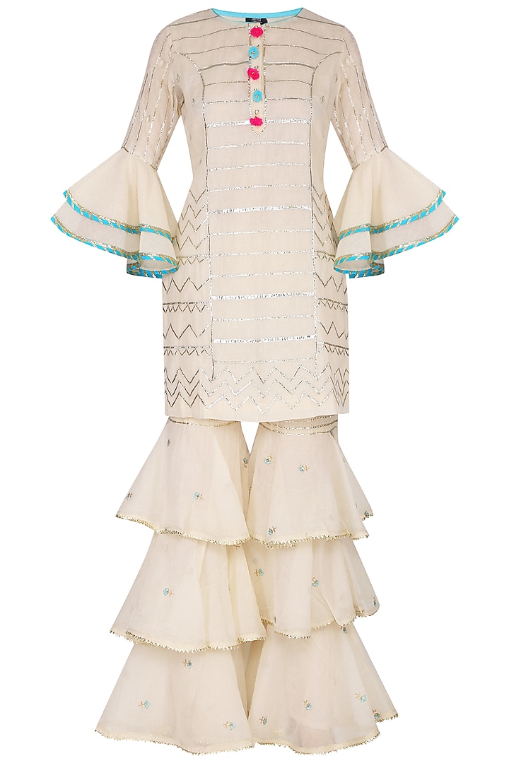 Off White Embroidered & Printed Layered Gharara Set by KAIA