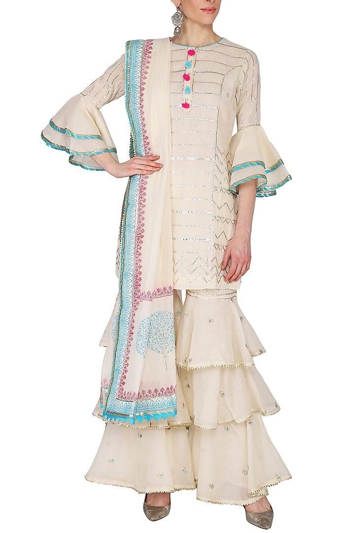 Off White Embroidered & Printed Layered Gharara Set by KAIA at Pernia's Pop Up Shop