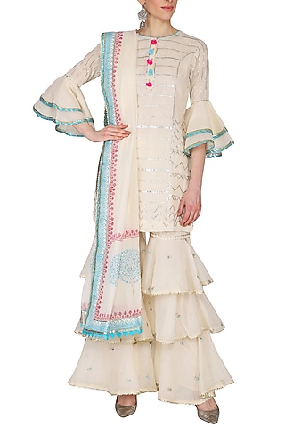 Off White Embroidered & Printed Layered Gharara Set by KAIA