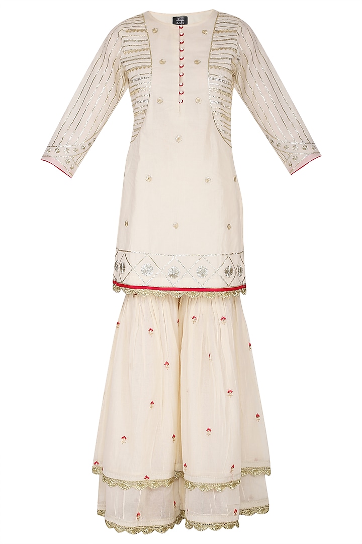 Off White Pearl Embroidered & Printed Gharara Set by KAIA