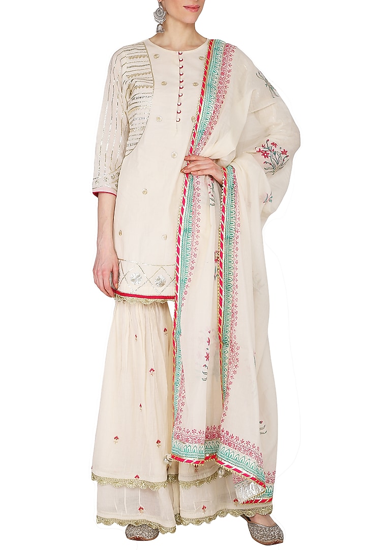 Off White Pearl Embroidered & Printed Gharara Set by KAIA at Pernia's Pop Up Shop