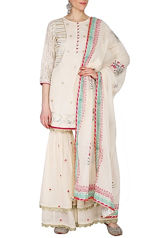 Off White Pearl Embroidered & Printed Gharara Set by KAIA