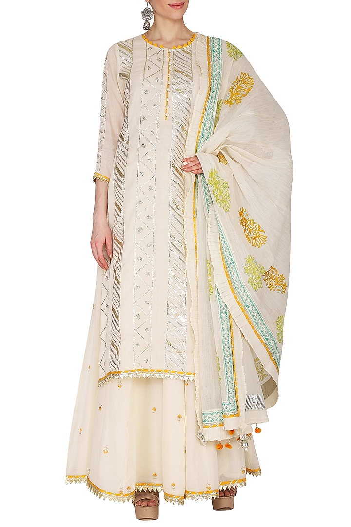 Off White Embroidered Printed Party Wear Sharara Set by KAIA at Pernia's Pop Up Shop