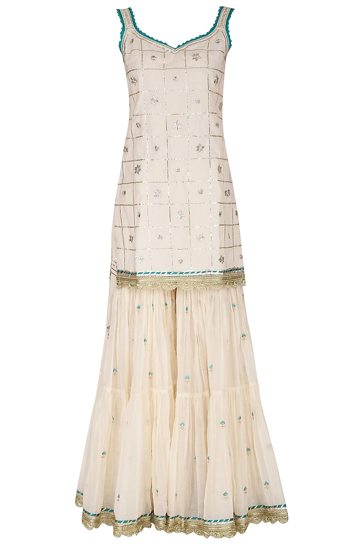 Off White Embroidered & Printed Tiered Gharara Set by KAIA