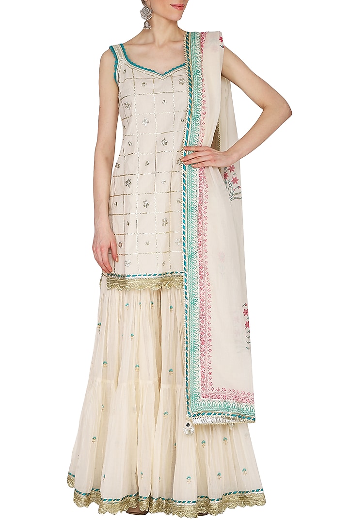 Off White Embroidered & Printed Tiered Gharara Set by KAIA at Pernia's Pop Up Shop