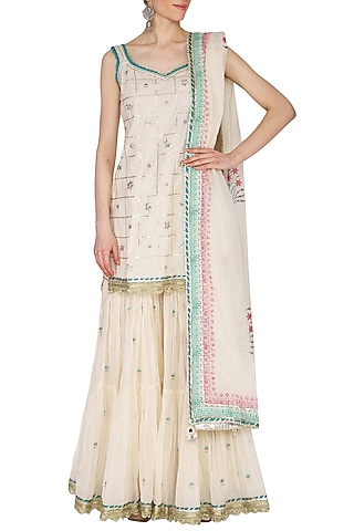 Off White Embroidered & Printed Tiered Gharara Set by KAIA