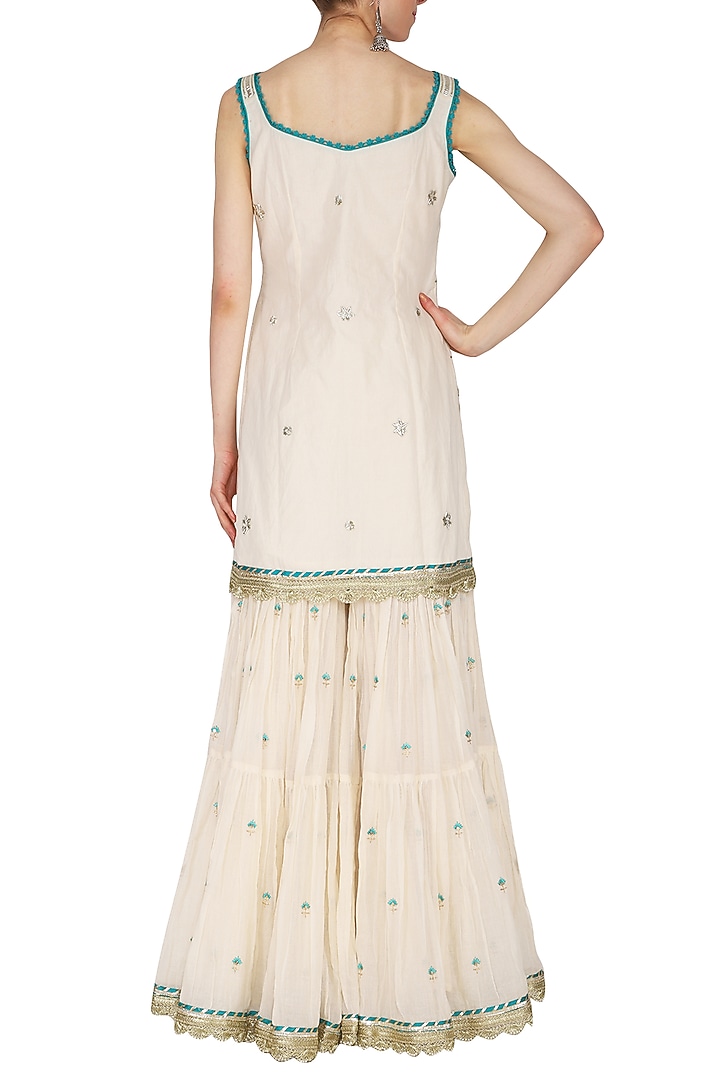 Off White Embroidered & Printed Tiered Gharara Set by KAIA at Pernia's Pop Up Shop