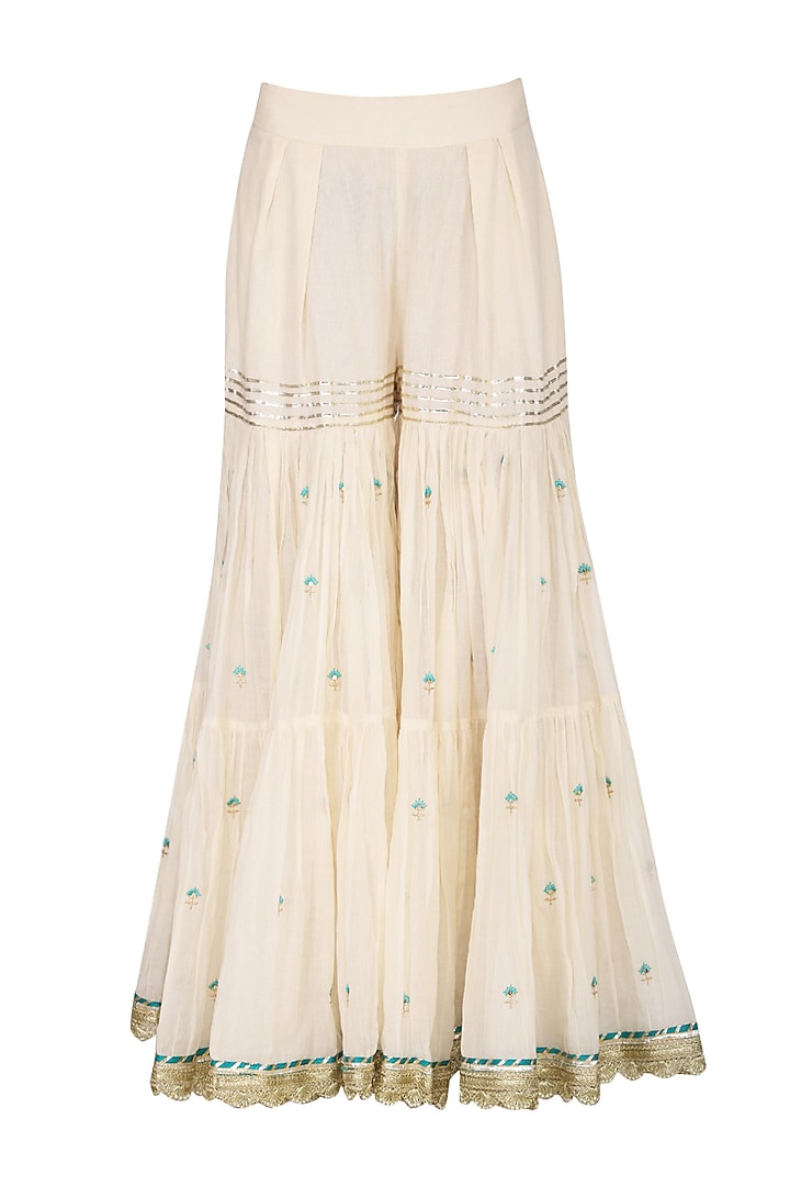 Off White Embroidered & Printed Tiered Gharara Set by KAIA at Pernia's Pop Up Shop
