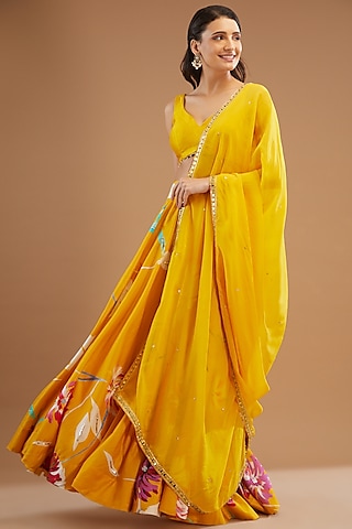 Mustard Chanderi Silk Printed & Embroidered Lehenga Set by KAIA