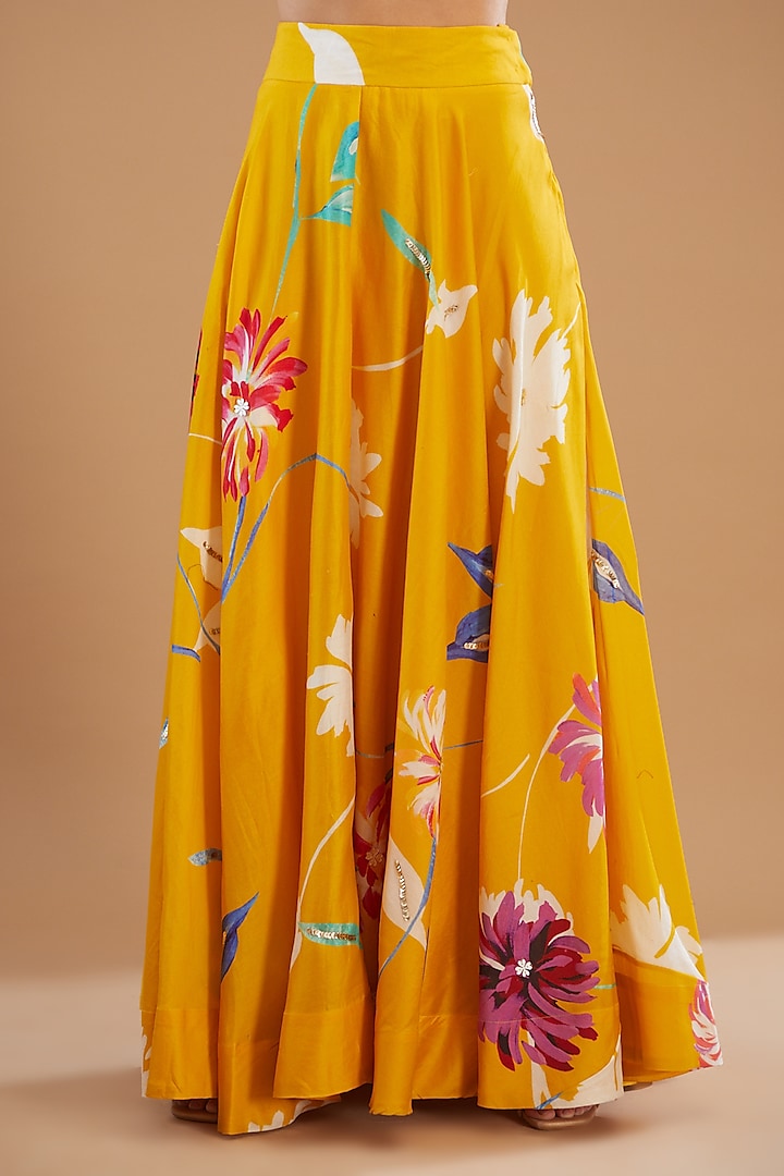 Mustard Chanderi Silk Printed & Embroidered Wedding Lehenga Set by KAIA at Pernia's Pop Up Shop